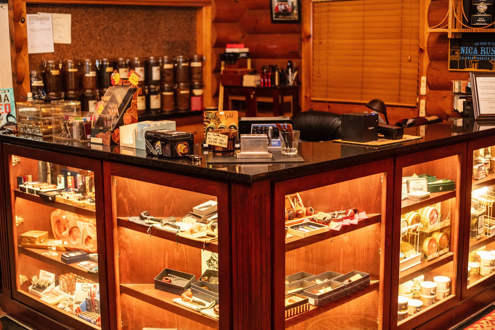 The front counter and cigar displays at Hearth Cigar Lounge